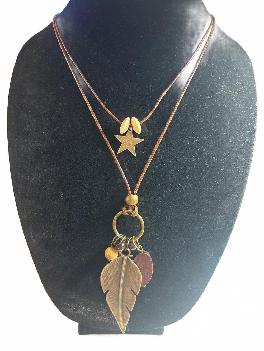 H034 Leather/Bronze/Wood Necklace Duo